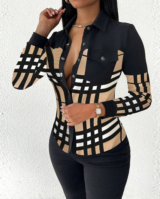 Blouse à col revers Slim-fit à carreaux imprimés