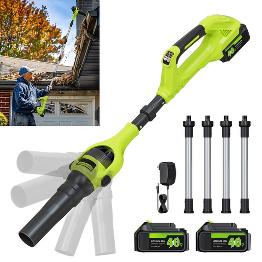 DESTOCKAGE - 40V Cordless Leaf Blower, 580 CFM 180 MPH, Brushless Motor, 2x2.0Ah Batteries & Charger, with Gutter Cleaning Extension - Green